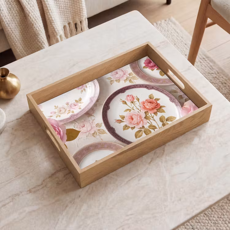 Bloemen - Patroon - Vintage - Roze - Decoratie Dienblad Rechthoek middel -sfeer1