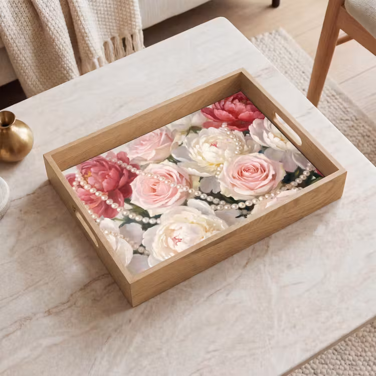 Bloemen - Parels - Romantiek - Klassiek - Roze Dienblad Rechthoek middel -sfeer1