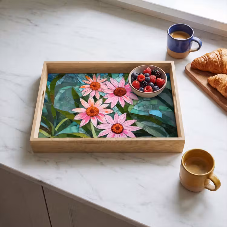 Bloemen - Roze - Glasmozaïek Dienblad Rechthoek middel -sfeer2