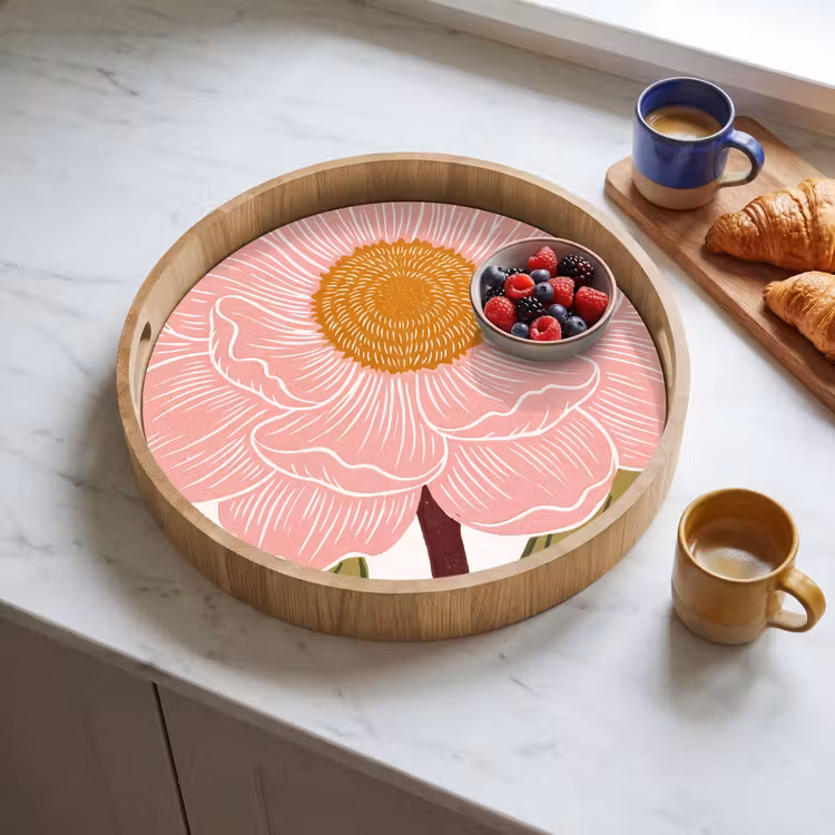 Tray - Flowers - Pink - Illustration - Bloemen - Roze - Illustratie Dienblad Rond middel