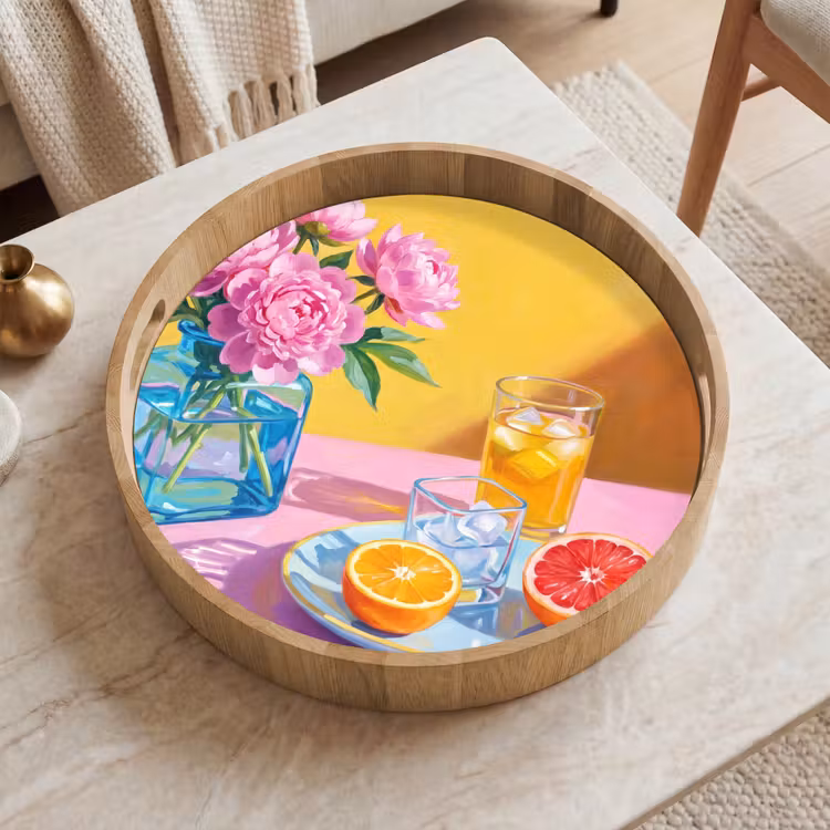 Tray - Flowers - Pink - Modern - Bloemen - Roze - Modern Dienblad Rond middel