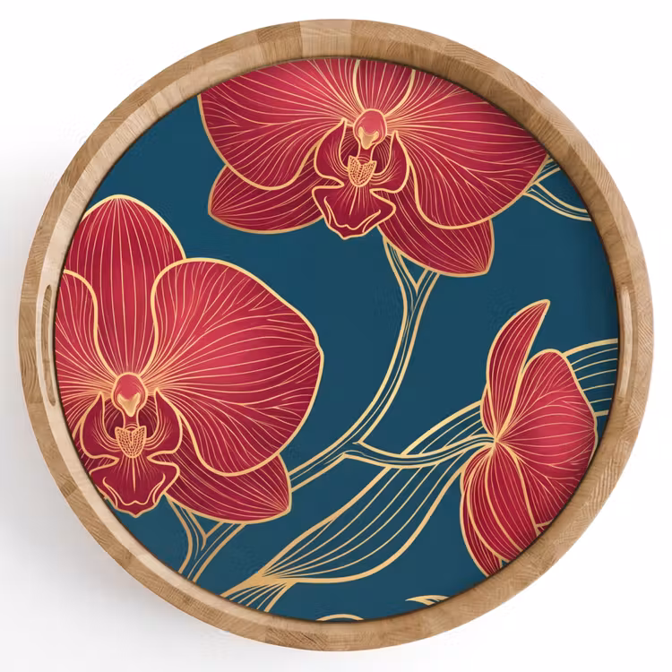Tray - Flowers - Red - Gold - Bloemen - Rood - Goud Dienblad Rond middel