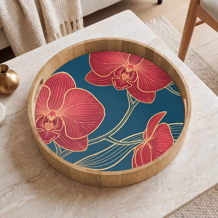 Tray - Flowers - Red - Gold - Bloemen - Rood - Goud Dienblad Rond middel