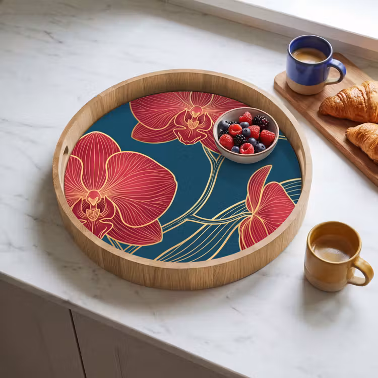 Tray - Flowers - Red - Gold - Bloemen - Rood - Goud Dienblad Rond middel