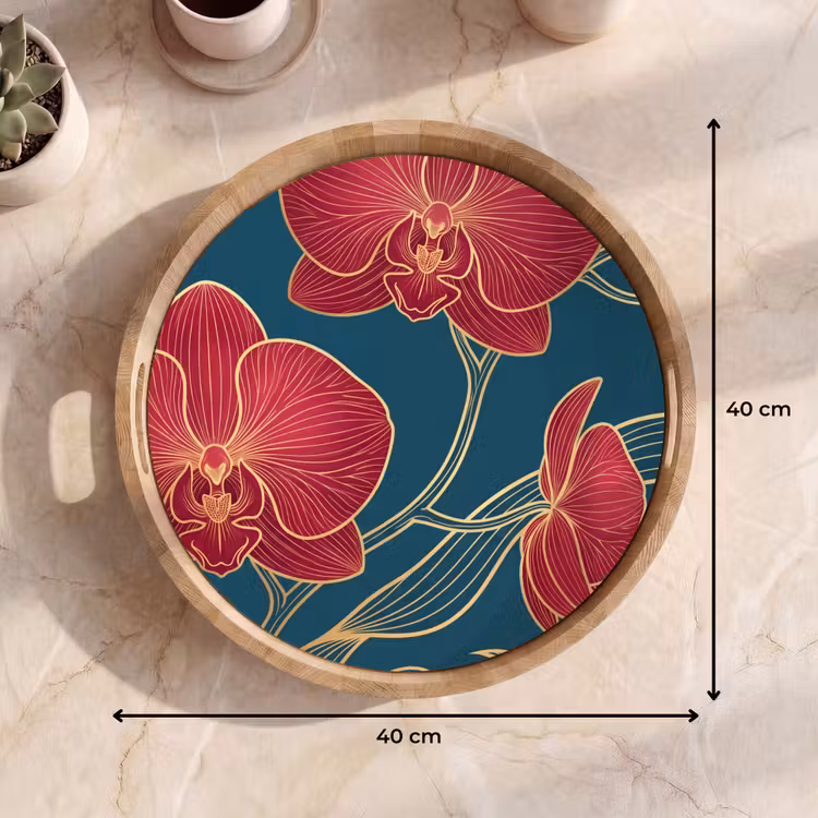 Tray - Flowers - Red - Gold - Bloemen - Rood - Goud Dienblad Rond middel