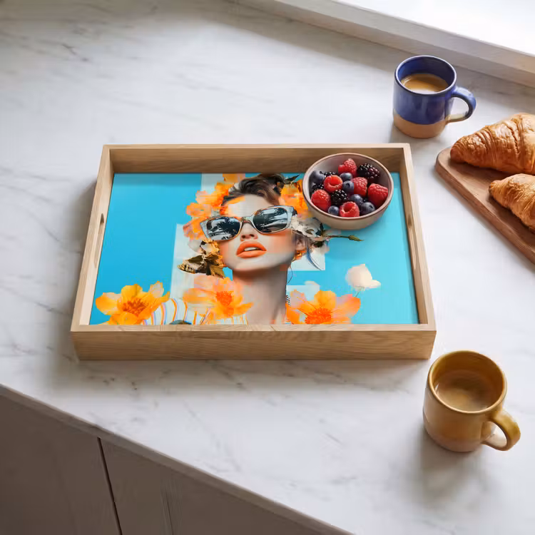 Bloemen - Vrouw - Zonnebril - Blauw Dienblad Rechthoek middel -sfeer2