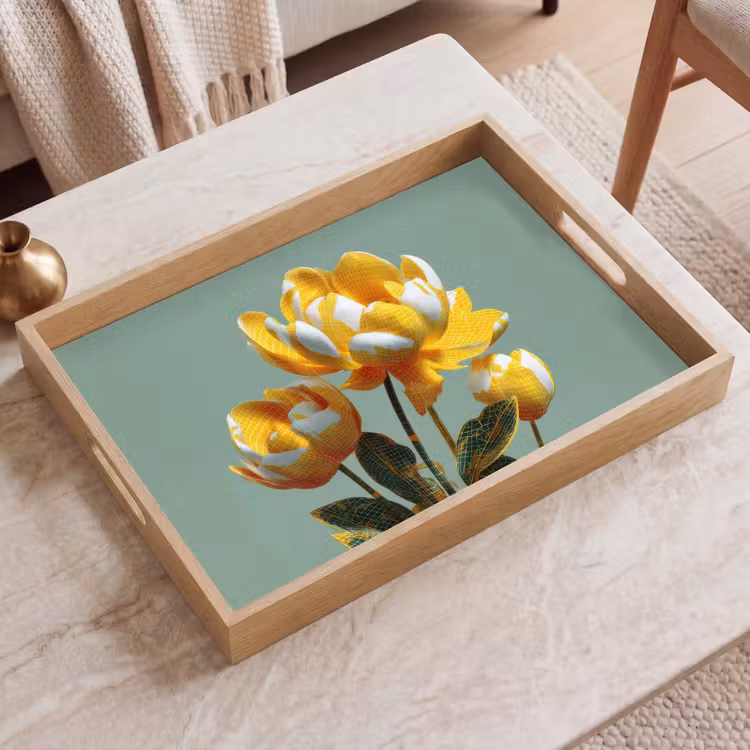 Bloemen - Geel - Bladeren - Structuur Dienblad Rechthoek middel -sfeer1