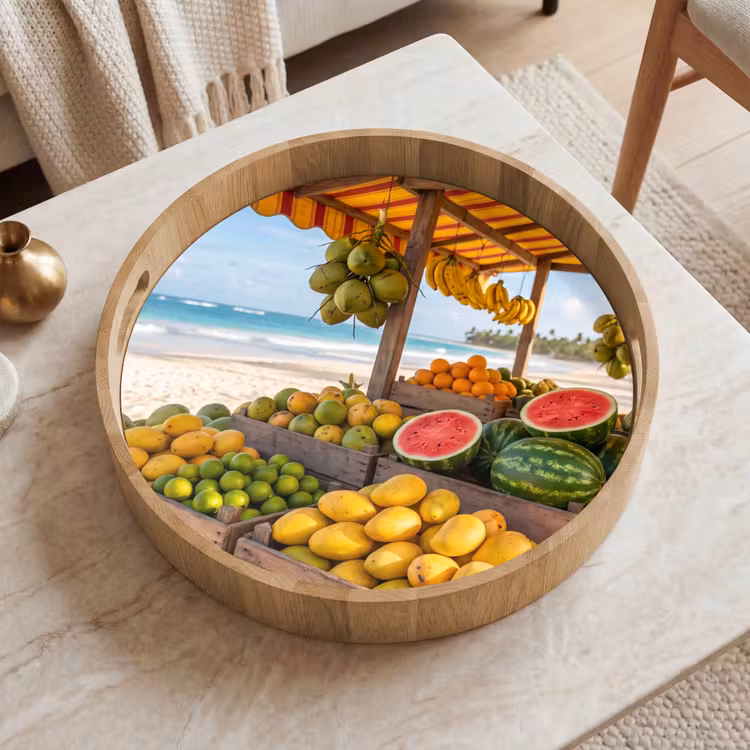 Tray - Fruit - Beach - Tropical - Fruit - Strand - Tropisch Dienblad Rond middel