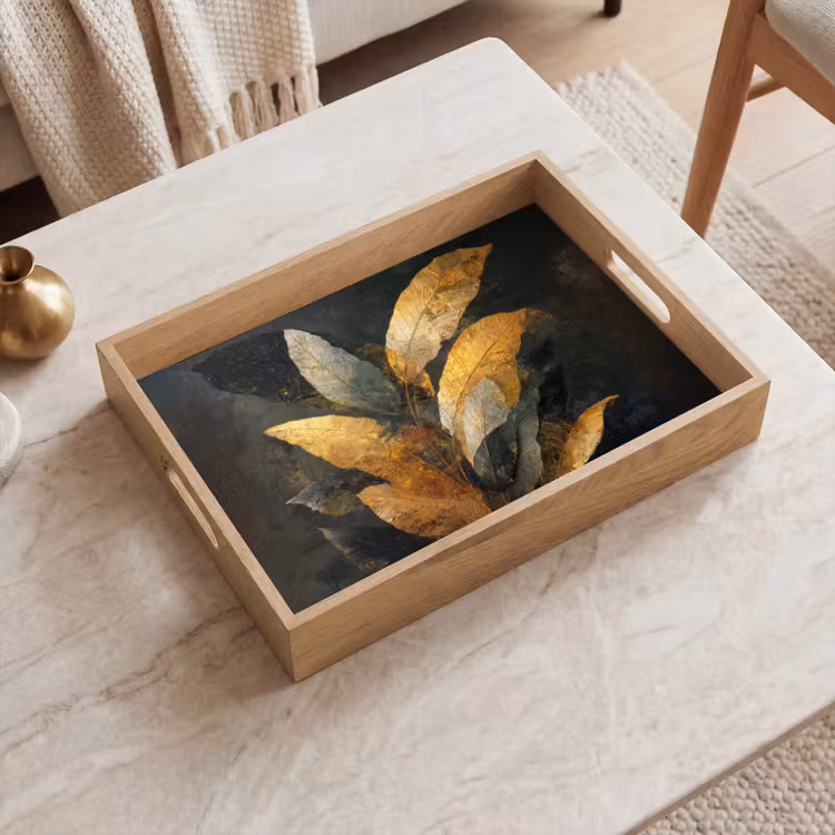 Gouden Bladcompositie – Botanische Luxe Dienblad Rechthoek middel -sfeer1