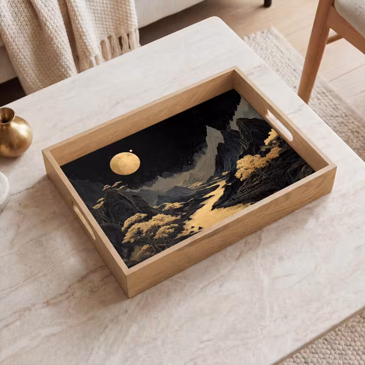 Gouden rivier - Bergen - Maan - Sterrenhemel Dienblad Rechthoek middel -sfeer1