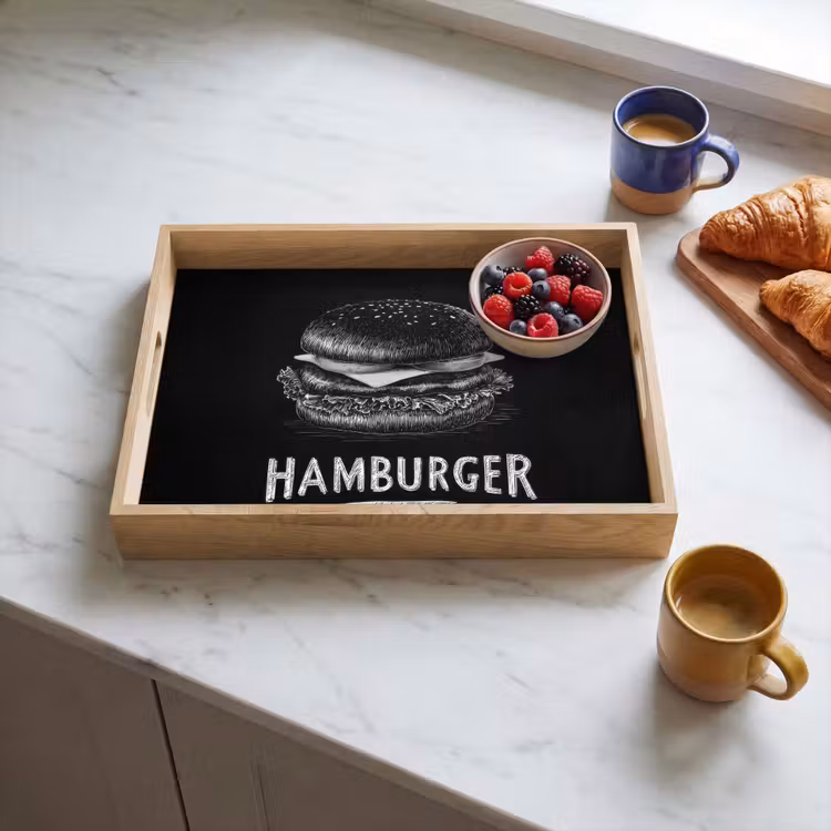 Hamburger - Krijttekst - Zwart - Wit Dienblad Rechthoek middel -sfeer2