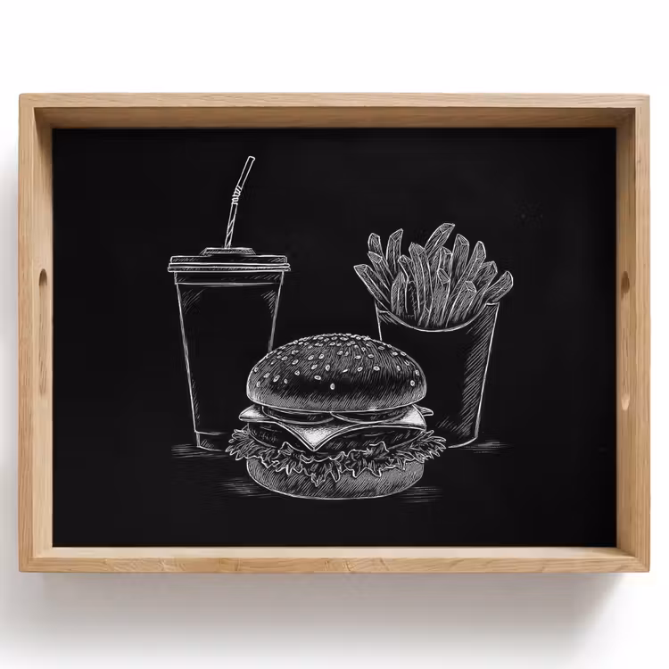Hamburger - Friet - Frisdrank - Krijttekening Dienblad Rechthoek middel -z3d_shopping