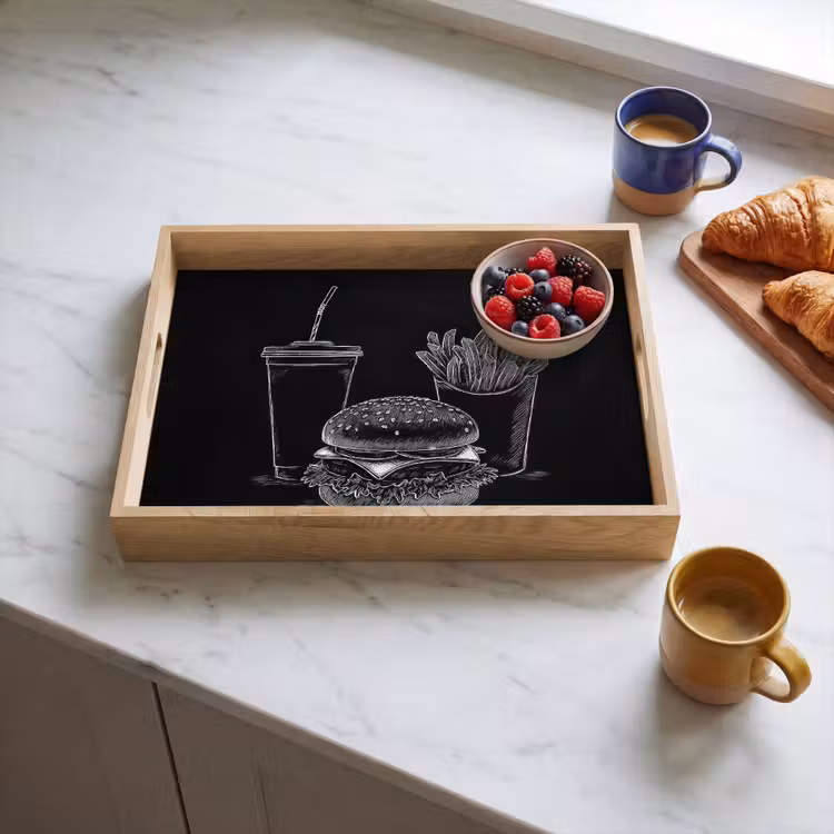 Hamburger - Friet - Frisdrank - Krijttekening Dienblad Rechthoek middel -sfeer2