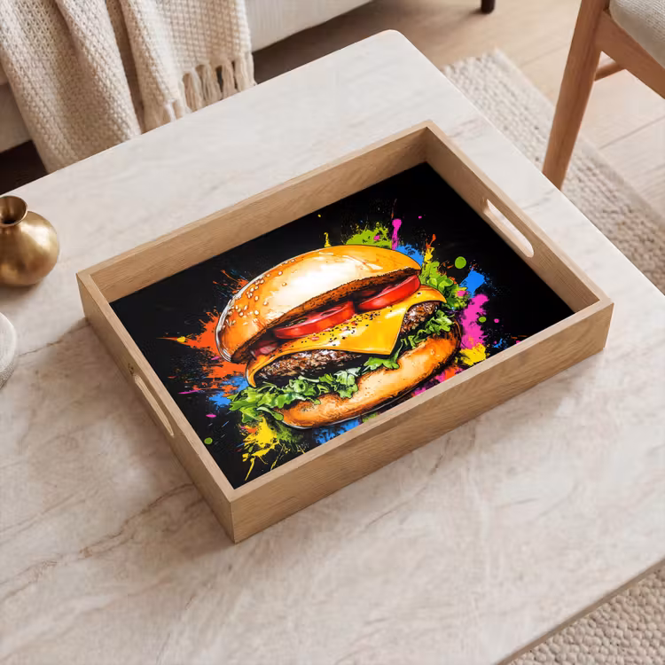 Hamburger - Graffiti - Verf - Kleurrijk - Eten - Abstract Dienblad Rechthoek middel -sfeer1
