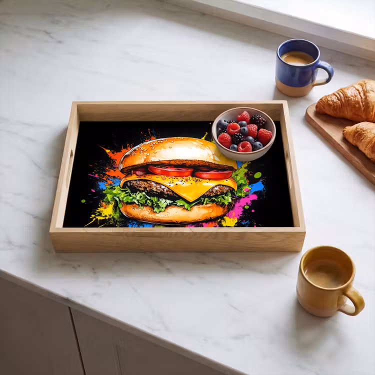 Hamburger - Graffiti - Verf - Kleurrijk - Eten - Abstract Dienblad Rechthoek middel -sfeer2