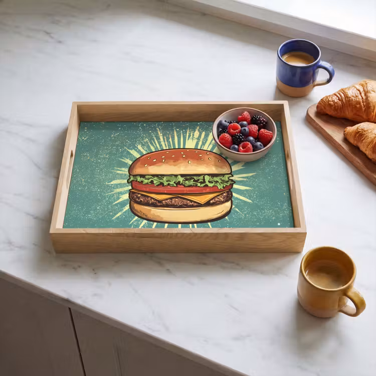Hamburger - Illustratie - Sla - Kaas Dienblad Rechthoek middel -sfeer2