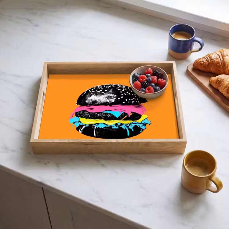 Hamburger - Oranje - Neon - popart Dienblad Rechthoek middel -sfeer2
