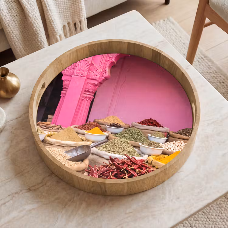 Tray - Herbs - Market - Pink - Kruiden - Markt - Roze Dienblad Rond middel