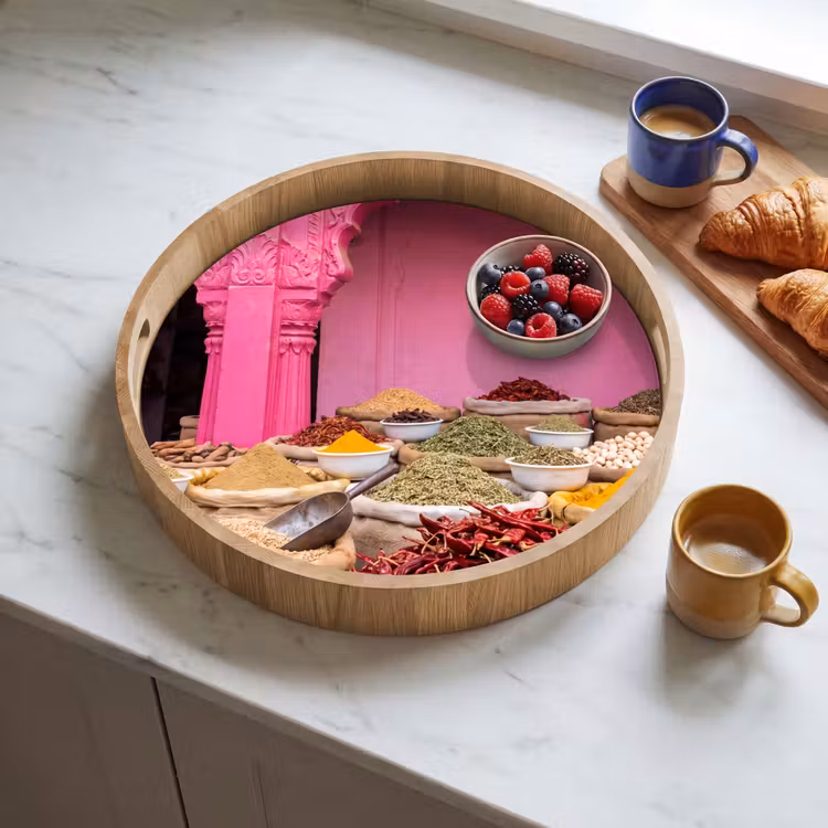 Tray - Herbs - Market - Pink - Kruiden - Markt - Roze Dienblad Rond middel