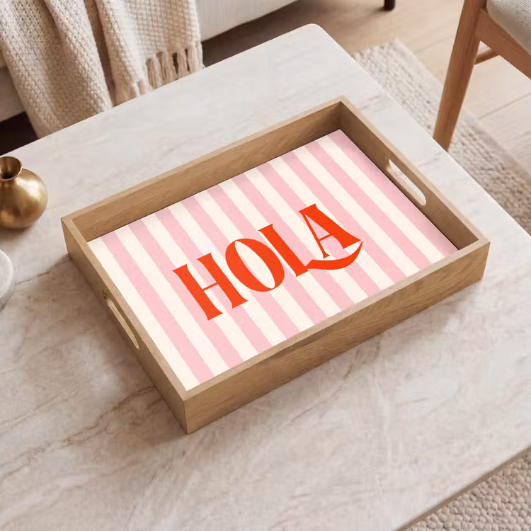 Hola - Quote - Strepen - Pastel - Roze - Rood - Wit Dienblad Rechthoek middel -sfeer1