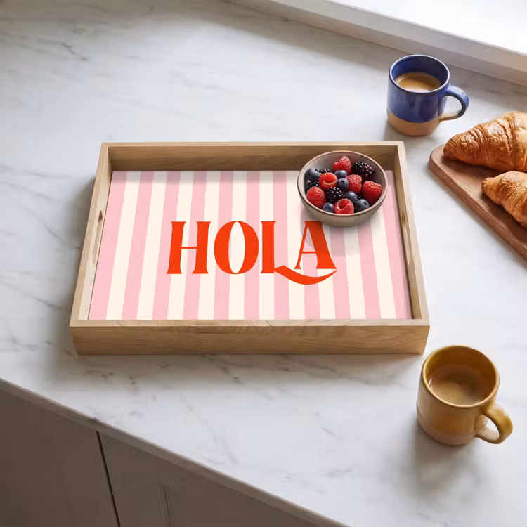 Hola - Quote - Strepen - Pastel - Roze - Rood - Wit Dienblad Rechthoek middel -sfeer2