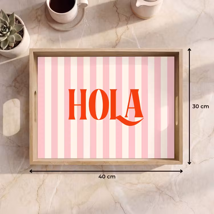 Hola - Quote - Strepen - Pastel - Roze - Rood - Wit Dienblad Rechthoek middel -USP_Formaat