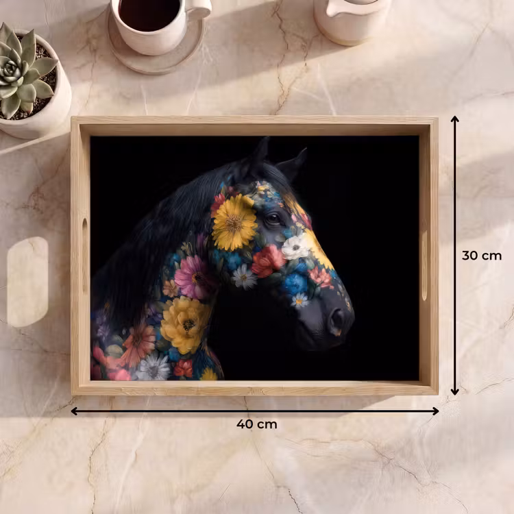 Paard - Bloemen - Zwart Dienblad Rechthoek middel -USP_Formaat