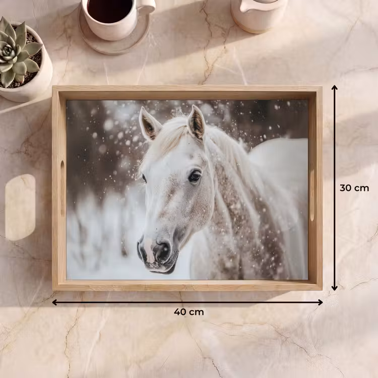 Paard - Wit - Winter - Natuur - Sneeuw - Dieren Dienblad Rechthoek middel -USP_Formaat
