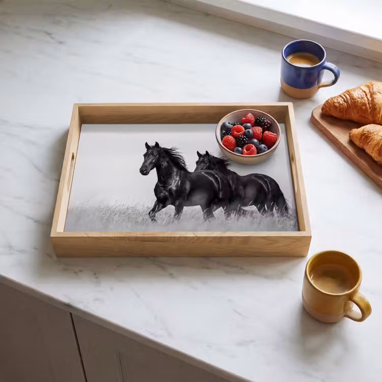 Paarden - Gras - Zwart - Wit Dienblad Rechthoek middel -sfeer2