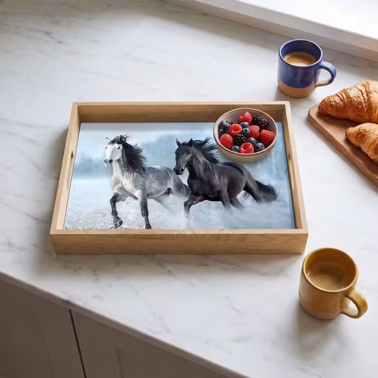 Paarden - Winter - Dieren - Natuur - Sneeuw Dienblad Rechthoek middel -sfeer2