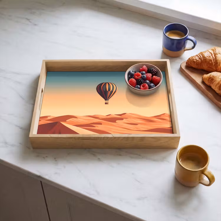 Luchtballon - Woestijn - Zonsondergang - Blauw Dienblad Rechthoek middel -sfeer2