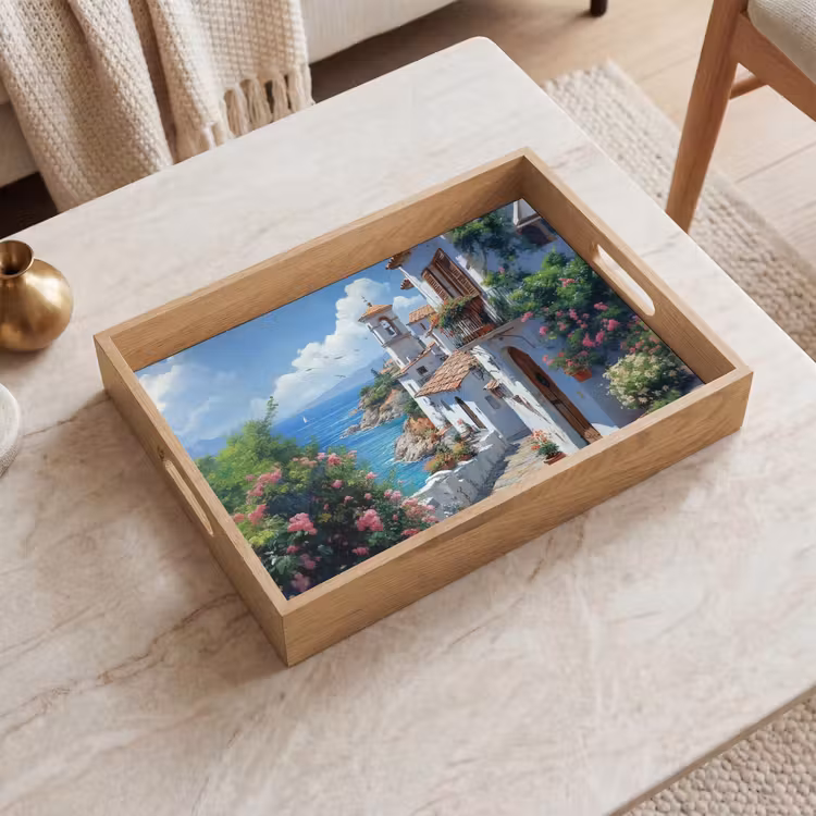 Huizen - Zee - Bomen - Bloemen Dienblad Rechthoek middel -sfeer1