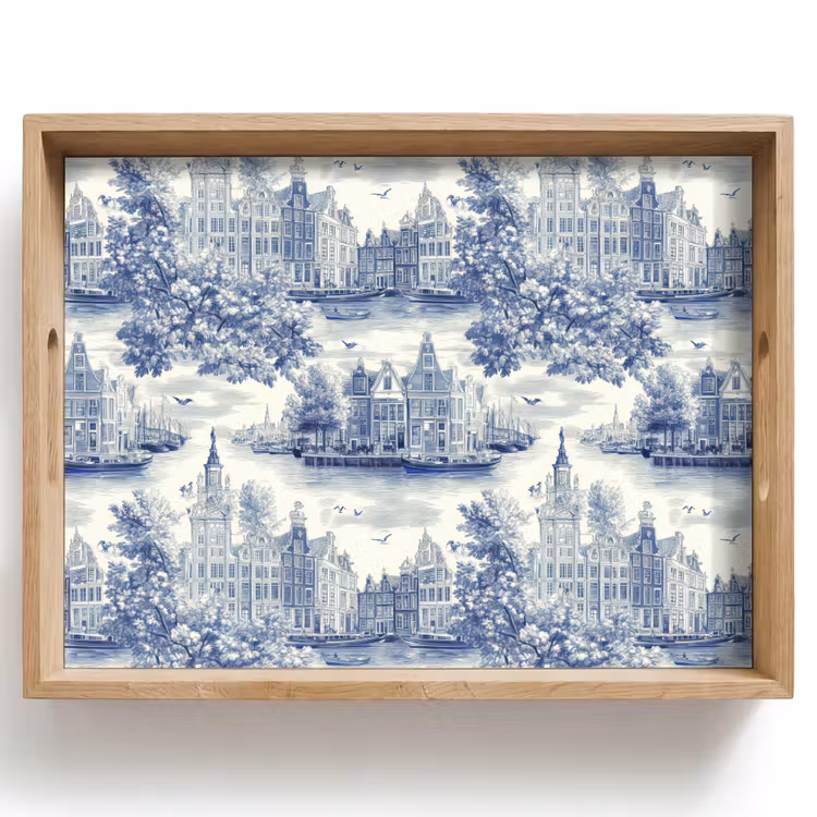 Huizen - Bomen - Water - Vogels - Blauw Dienblad Rechthoek middel 911 -z3d_shopping