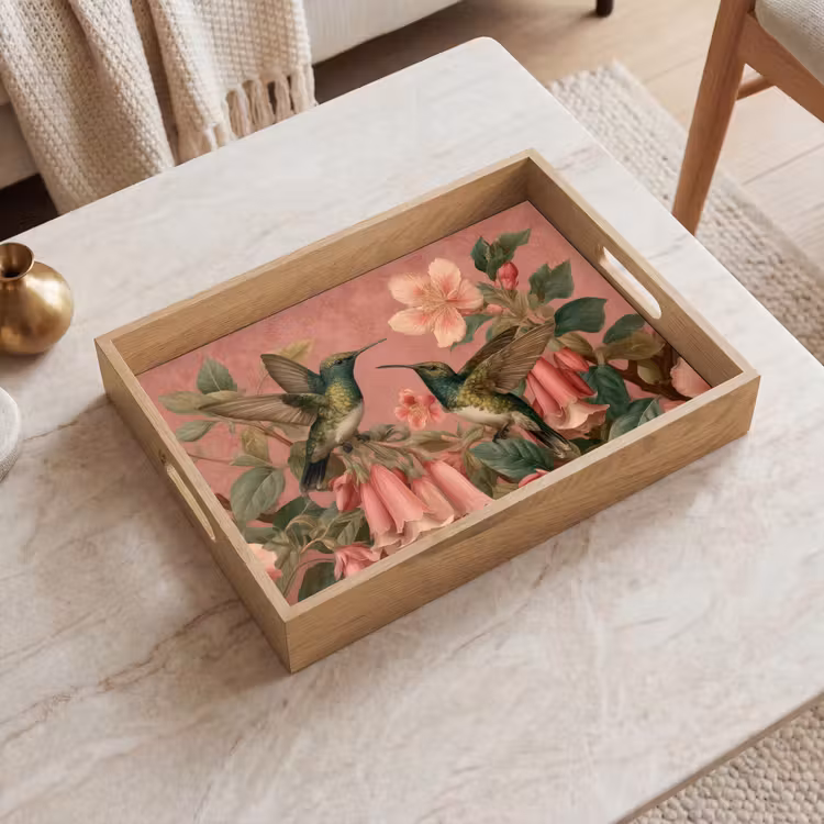 Kolibries - Bloemen - Groen - Roze Dienblad Rechthoek middel -sfeer1