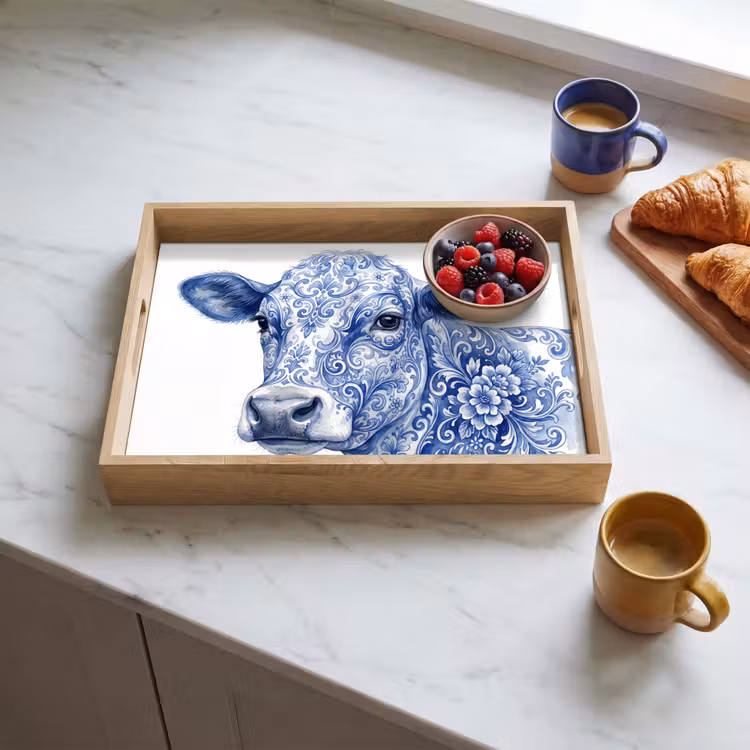 Illustratie - Koe - Blauw Dienblad Rechthoek middel -sfeer2