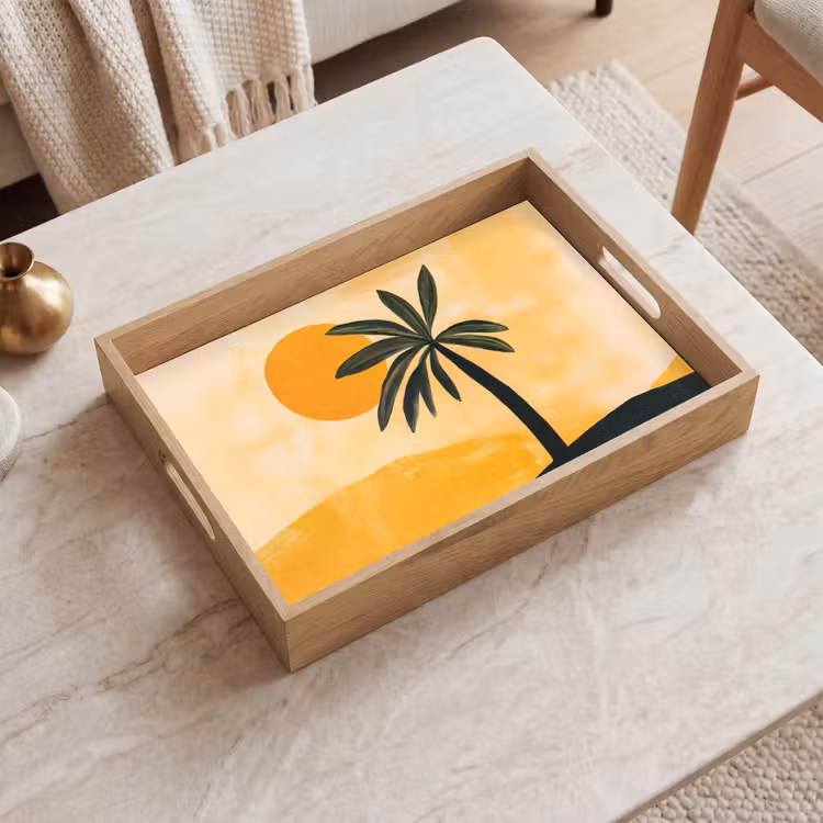 Illustratie - Palmboom - Zon - Heuvels Dienblad Rechthoek middel -sfeer1