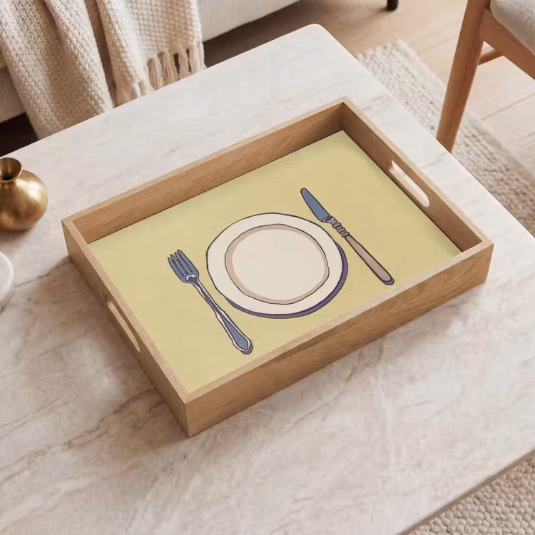 Illustratie - Bord - Bestek - Beige Dienblad Rechthoek middel -sfeer1