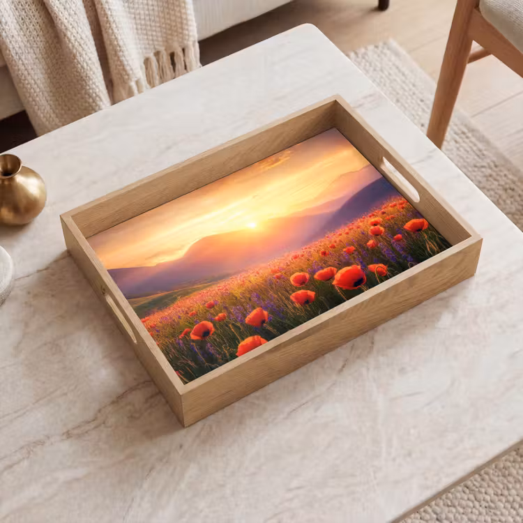 Landschap - Zonsondergang - Bloemenveld Dienblad Rechthoek middel -sfeer1