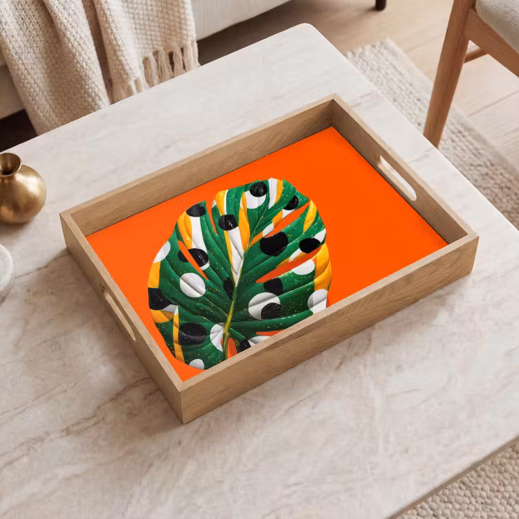 Blad - Oranje - Stippen - Kleurrijk Dienblad Rechthoek middel -sfeer1