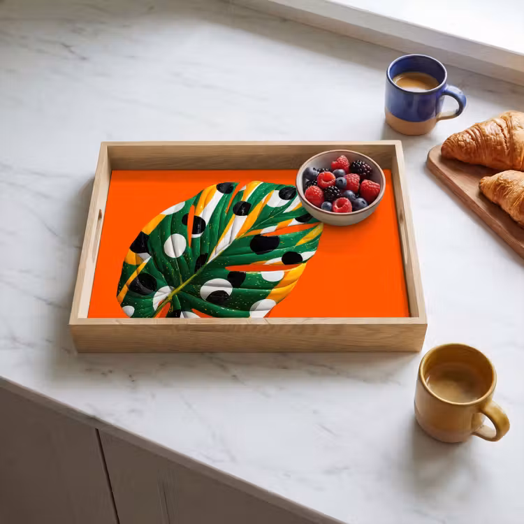 Blad - Oranje - Stippen - Kleurrijk Dienblad Rechthoek middel -sfeer2
