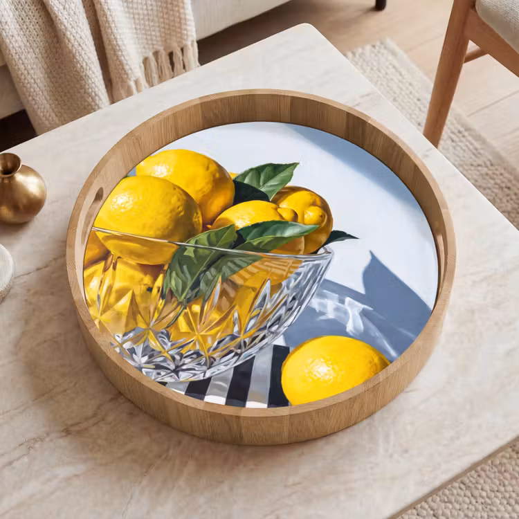 Tray - Lemons - Fruit - Yellow - Citroenen - Fruit - Geel Dienblad Rond middel