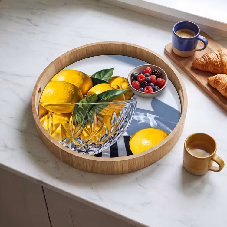 Tray - Lemons - Fruit - Yellow - Citroenen - Fruit - Geel Dienblad Rond middel