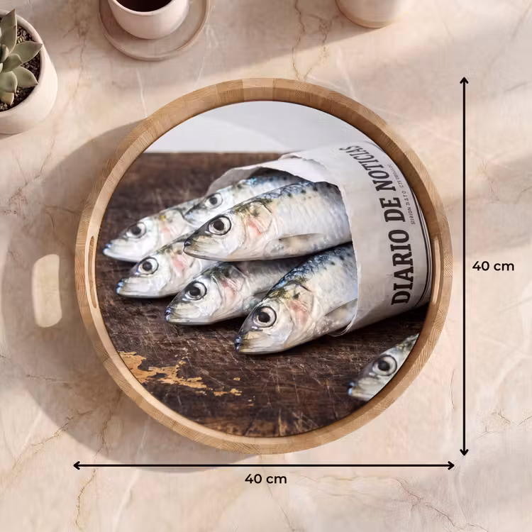 Tray - Little Sardine - newspaper - cutting board - Sardientje - krant - snijplank Dienblad Rond middel