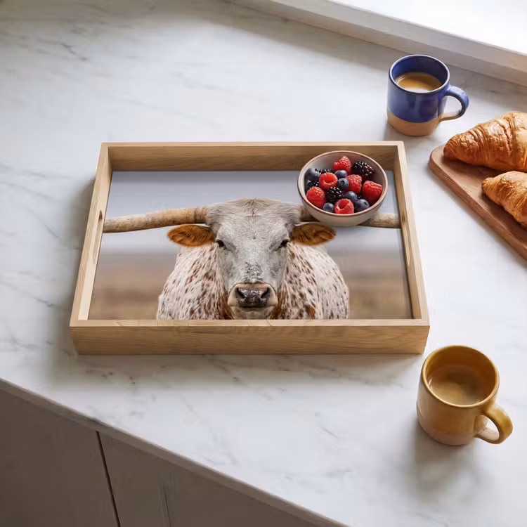 Longhorn - Grasveld - Dier Dienblad Rechthoek middel -sfeer2