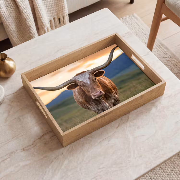 Longhorn - Landschap - Zonsondergang Dienblad Rechthoek middel -sfeer1