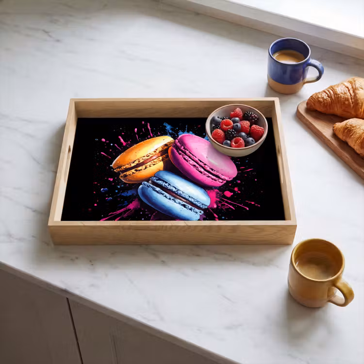 Macarons - Dessert - Graffiti - Kleurrijk - Roze - Blauw - Geel Dienblad Rechthoek middel -sfeer2