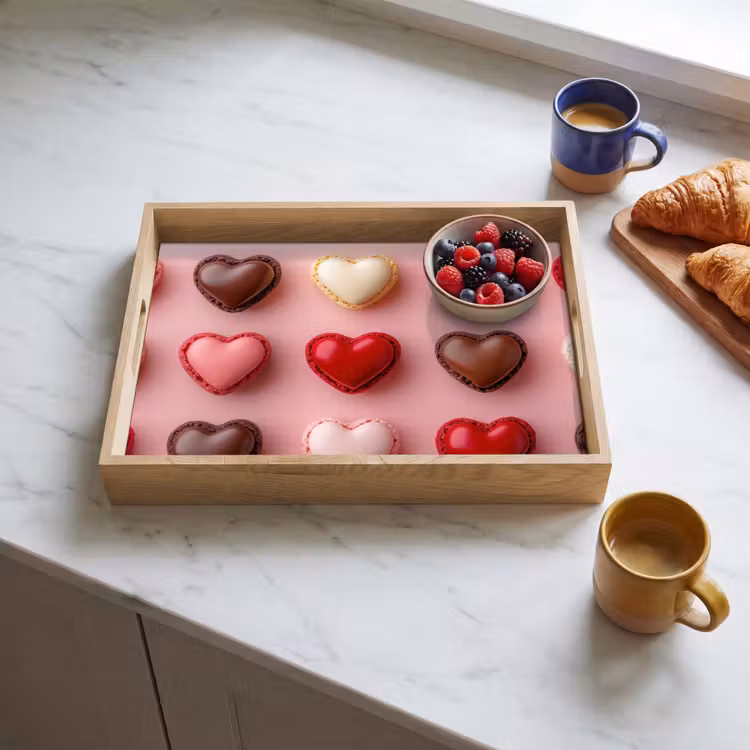 Macarons - Hartjes - Kleurrijk - Roze Dienblad Rechthoek middel -sfeer2