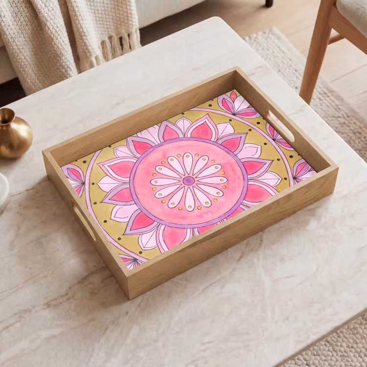 Mandala - Patroon - Kunst - Aquarel - Roze Dienblad Rechthoek middel -sfeer1