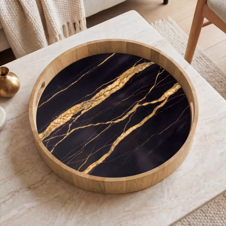 Marmer - Goud - Textuur - Abstract - Zwart Dienblad Rond middel -sfeer1