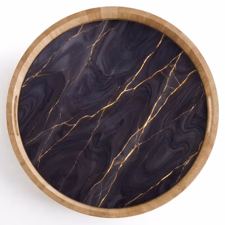 Marmer - Goudaders - Abstract - Modern - Zwart Dienblad Rond middel -z3d_shopping